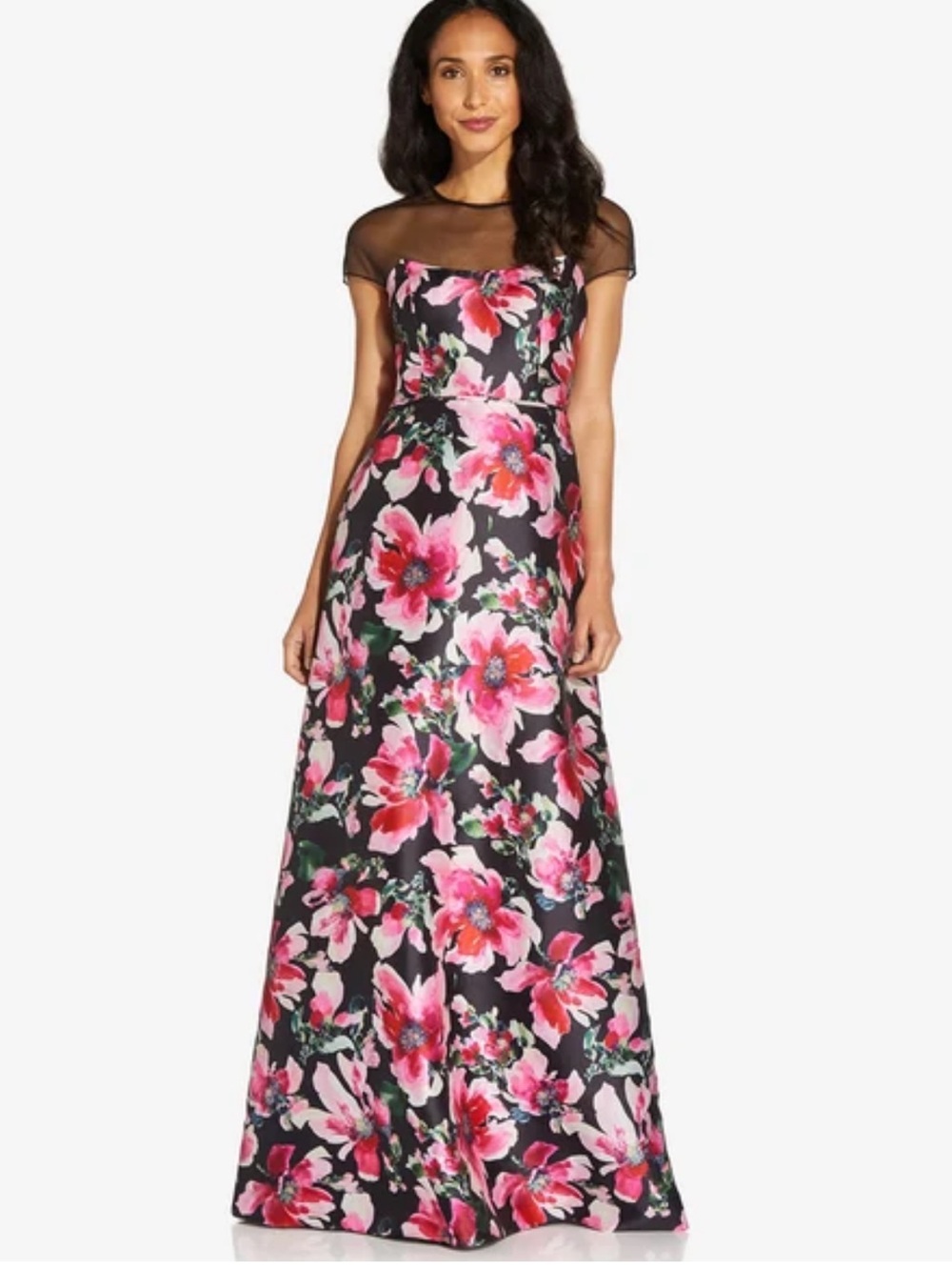 Adrianna Pappel Floral Mesh Yoke A-Line Evening Dress Pink Floral on Black NWT 8
